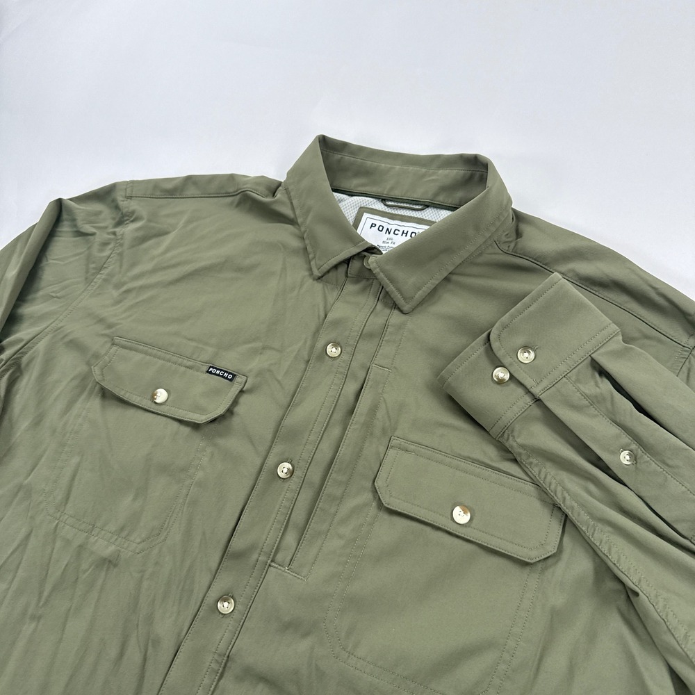 Poncho Mens XXL Olive Green Slim Fit Magnetic Pocket Button Down Fishing Shirt